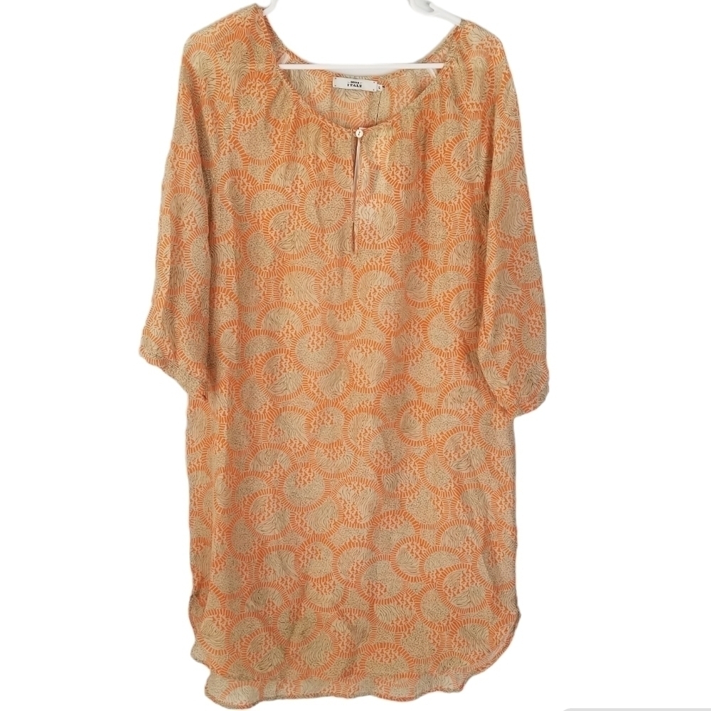 0039 Italy Orange/Beige 3/4 Sleeve Shirt Dress Size Xs Sheer Lightweight Beachy